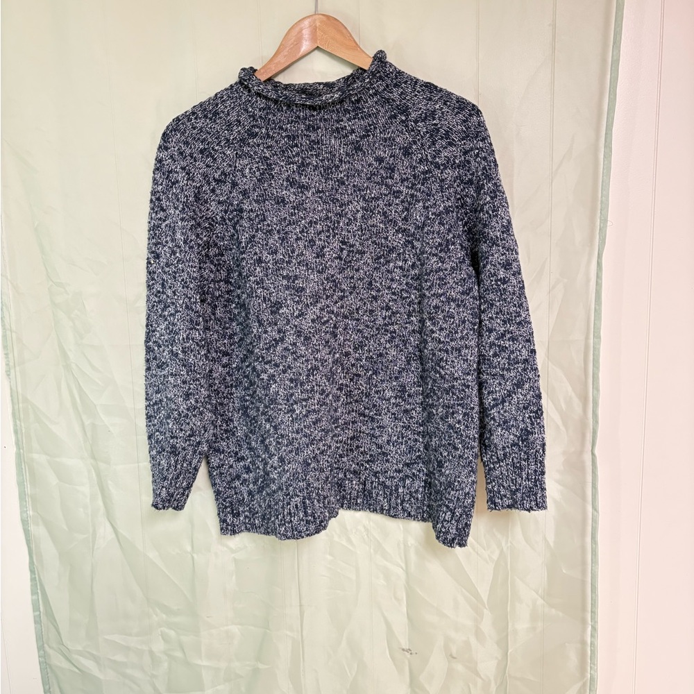 L.L. Bean Petite Large Navy White‎ 100% Cotton Rag Sweater Funnel Neck preppy